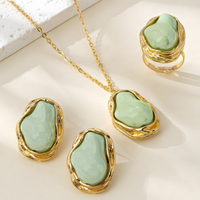 Irregular Green Stone Necklace, Earrings and Ring Set, Freeform Pendant 1724