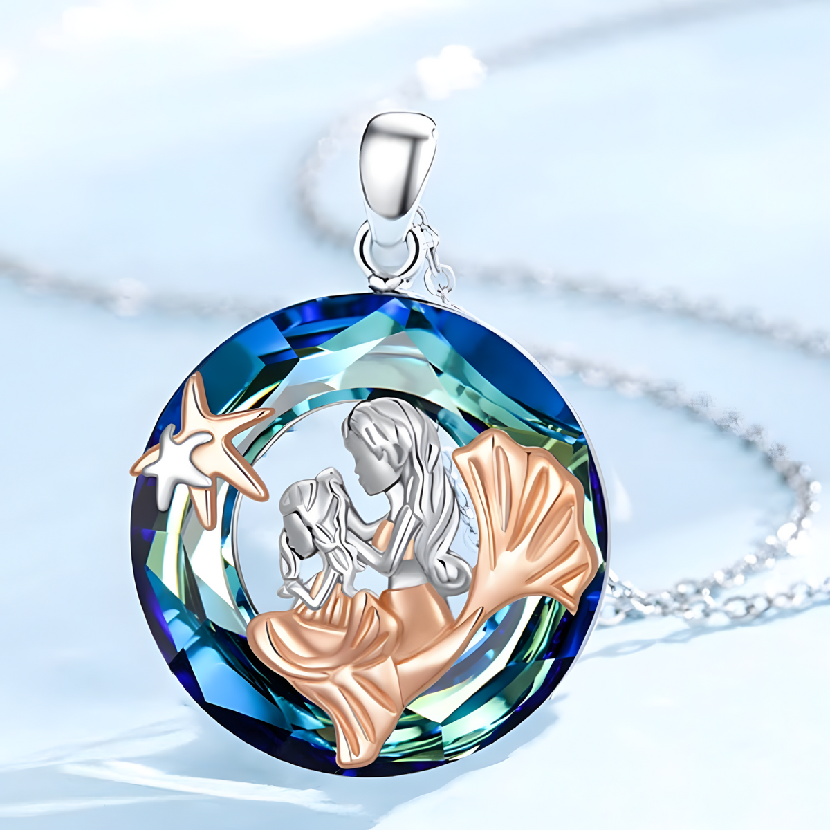 Mermaid Necklace Women Sterling Silver Plated Mother Daughter Blue Ocean B145