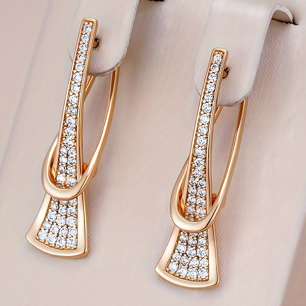 Rose Gold Zircon Loop Earrings for Women – Sparkling Inlaid Crystal Dangle 678