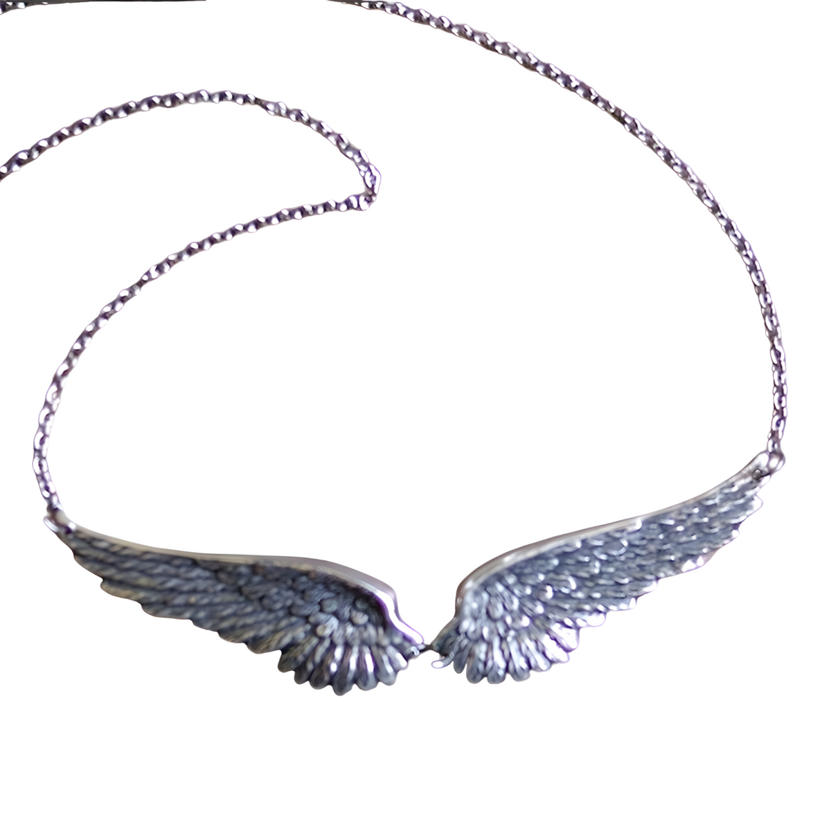 Silver Tone Angel Wings Choker Necklace Feather Design Vintage Style B48