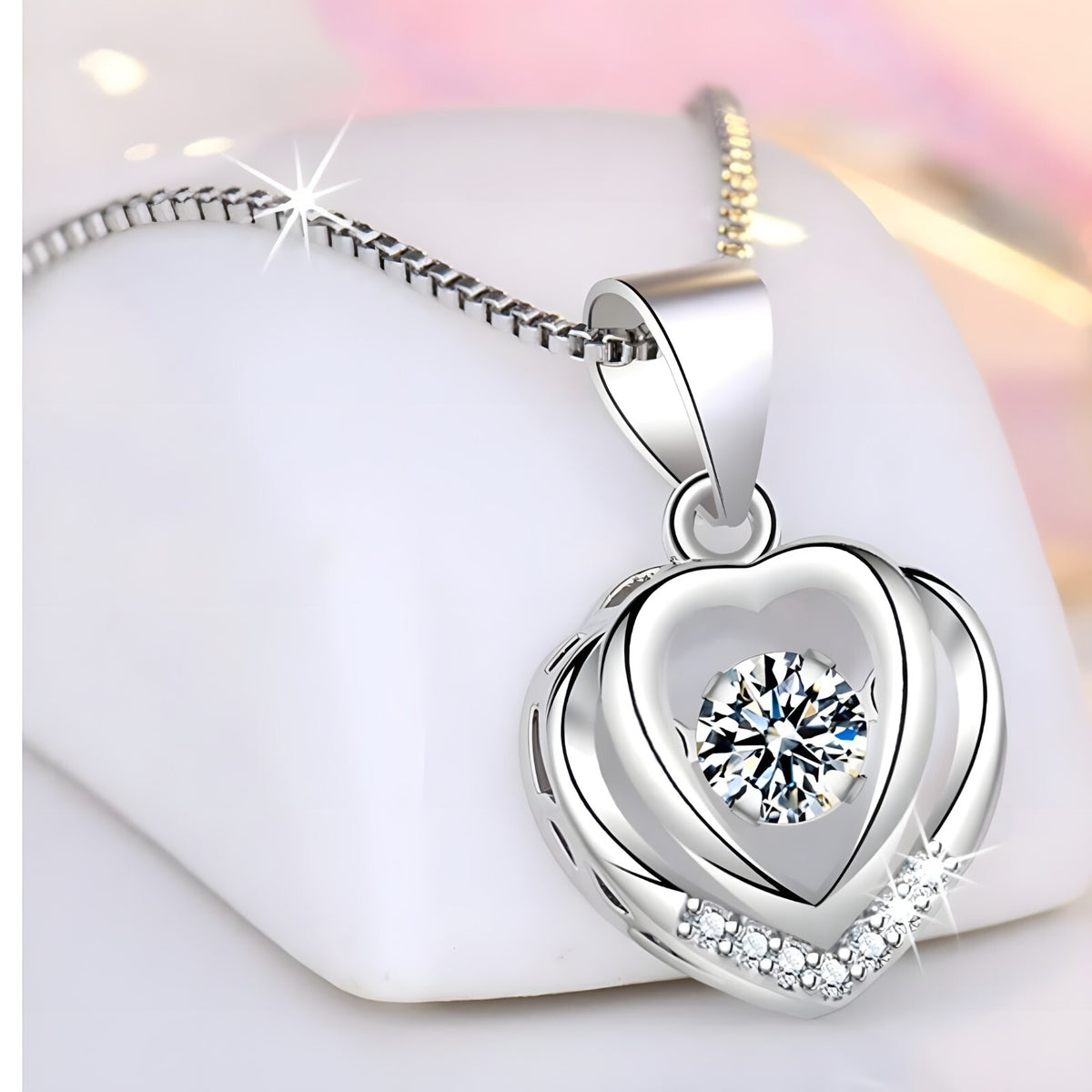 925 Sterling Silver Double Heart Necklace-Dazzling Dancing Zircon,Adjustable 270