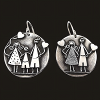 Family Love Dangle Earrings- Textured Round Disc & Heart Charm Drop Earring 1498