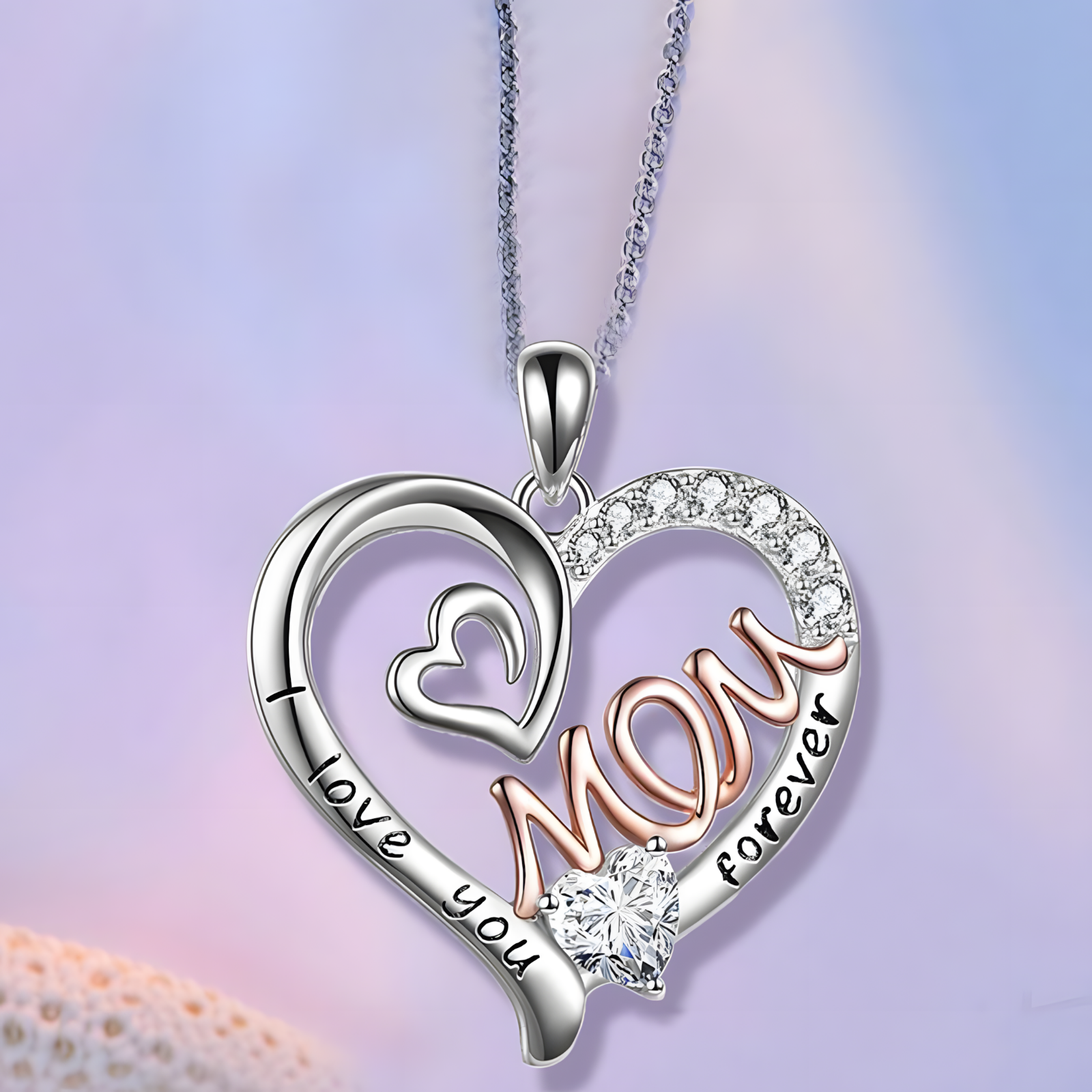 “I Love You Mom Forever” Heart Pendant Necklace for Women – Silver-Tone B88