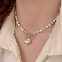 Pearl Heart Pendant Necklace Gold Tone Toggle Clasp Beaded Chain Statement -1397
