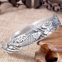 Vintage Lotus & Koi Fish Bracelet – Silver-Plated Zinc Alloy Cuff Bangle 1226