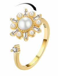 Rotatable Pearl Sunburst Spinner Ring Adjustable Open Band Gold Statement 1592