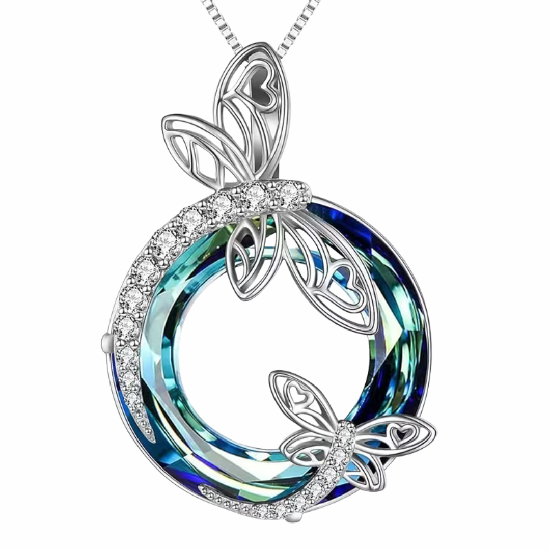 Dragonfly Necklace for Women Blue Crystal Round Pendant 39.2cm Chain 3.2cm B144