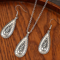Vintage Water Drop Floral Carved Necklace and Drop Earrings Set, Teardrop 1723