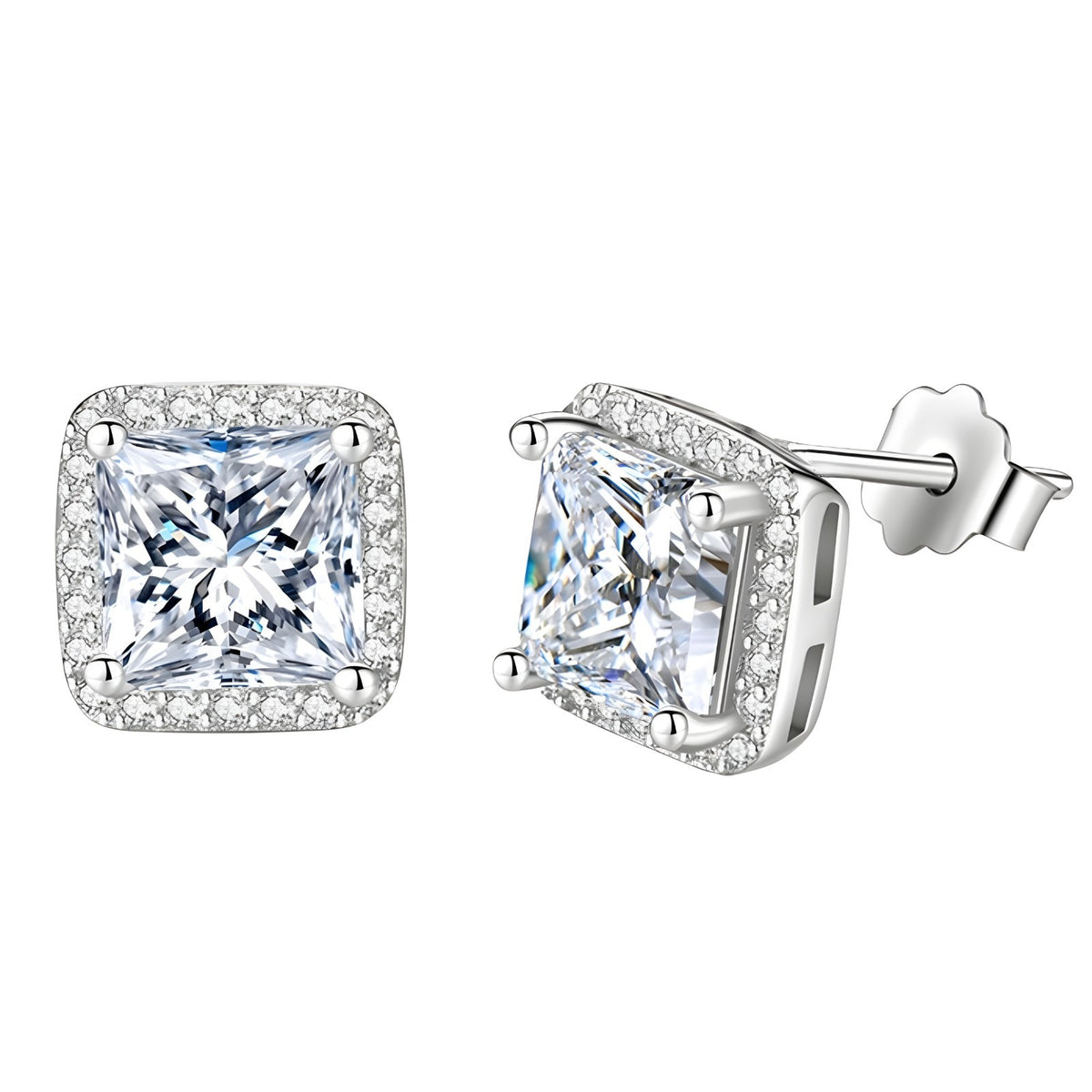 Sterling Silver Princess Cut Cubic Zirconia Stud Earrings Halo Setting 338