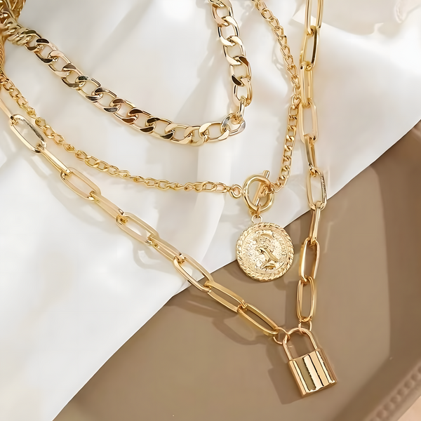 3-Layer Gold Chain Necklace Set Women – Retro Coin & Padlock Pendant Layered 702