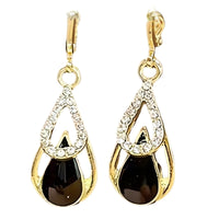 Gold Water Drop Dangle Earring Women–Zinc Alloy Teardrop Design Black Stone 1147