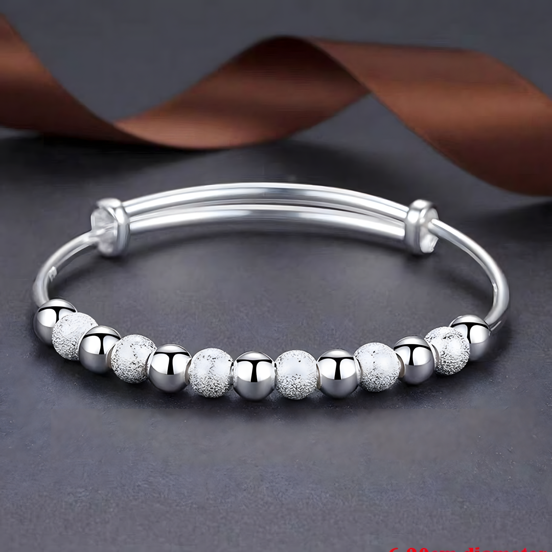 925 Silver-Colour Beaded Bangle Bracelet Women –Adjustable Round Ball Design 683