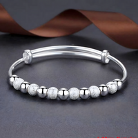 925 Silver-Colour Beaded Bangle Bracelet Women –Adjustable Round Ball Design 683