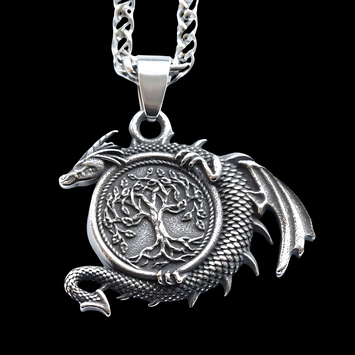 Viking Dragon Tree of Life Pendant Necklace Men– Stainless  Nordic Run 1067