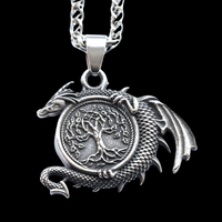 Viking Dragon Tree of Life Pendant Necklace Men– Stainless  Nordic Run 1067