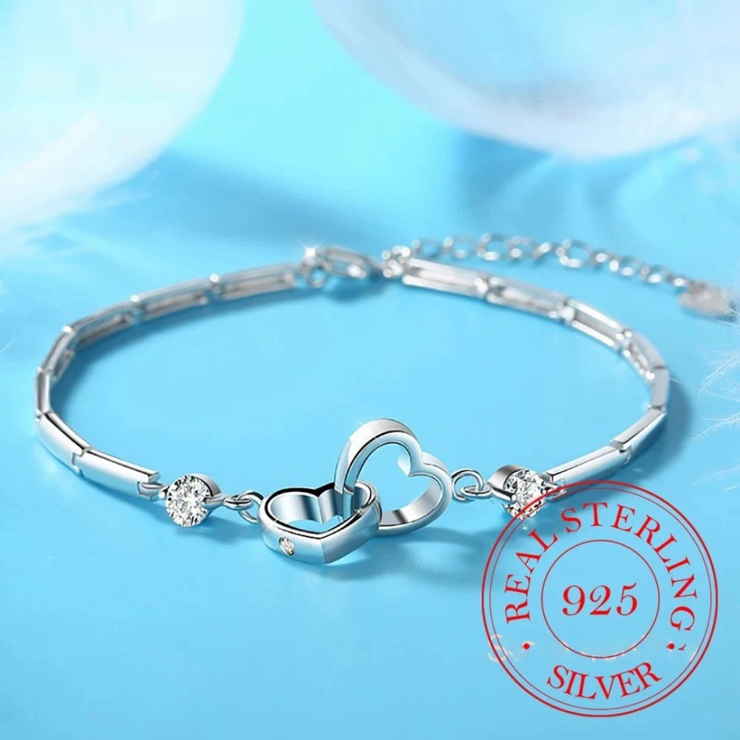Silver Plated Double Heart Bracelet with Cubic Zirconia Stones for Women 419