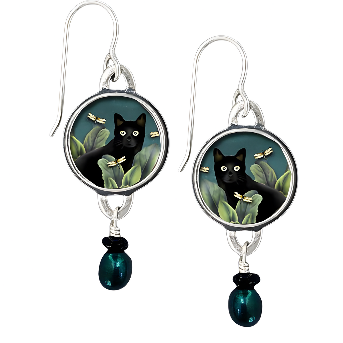 Black Cat Drop Earrings For Women Rhodium-Plated Base Metal Round Cat Motif 1461