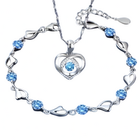 2-Piece Heart Necklace and Blue Crystal Bracelet Set for Women Copper Alloy 1154