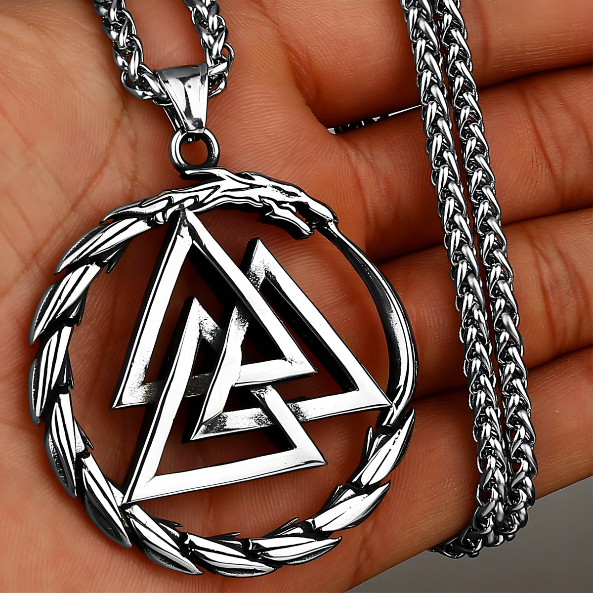 Valknut Ouroboros Pendant Necklace - Norse Viking Symbol - Silver Plated 1120