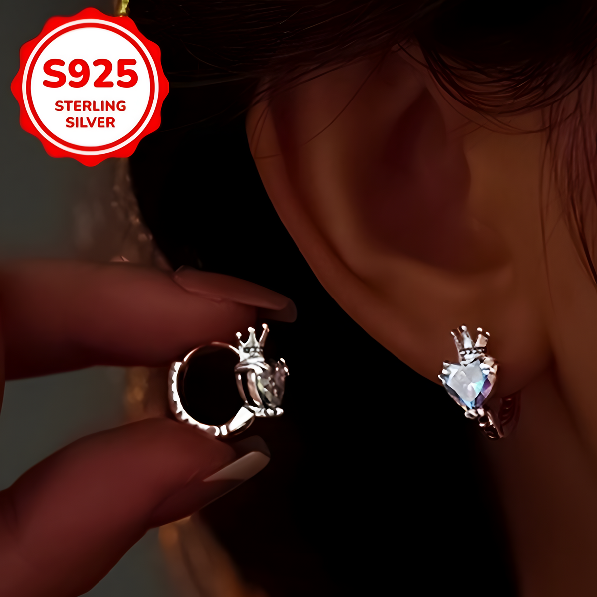 Sterling Silver Crown Heart Hoop Earrings for Women – Cubic Zirconia Hoops 840