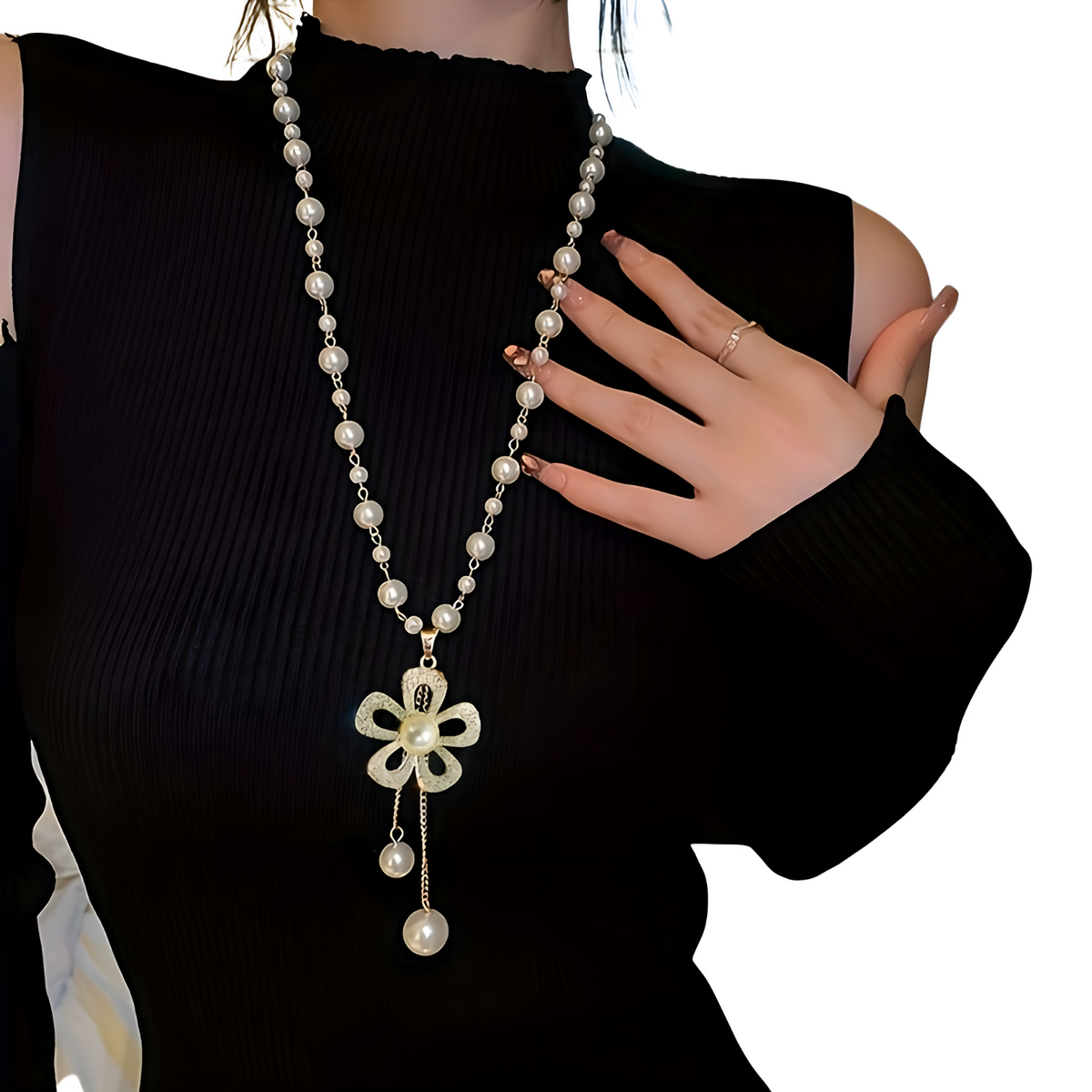 Flower Pearl Pendant Necklace for Women – Elegant Long Link Chain Rhinestone 693