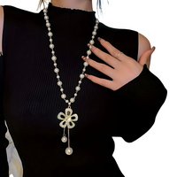 Flower Pearl Pendant Necklace for Women – Elegant Long Link Chain Rhinestone 693