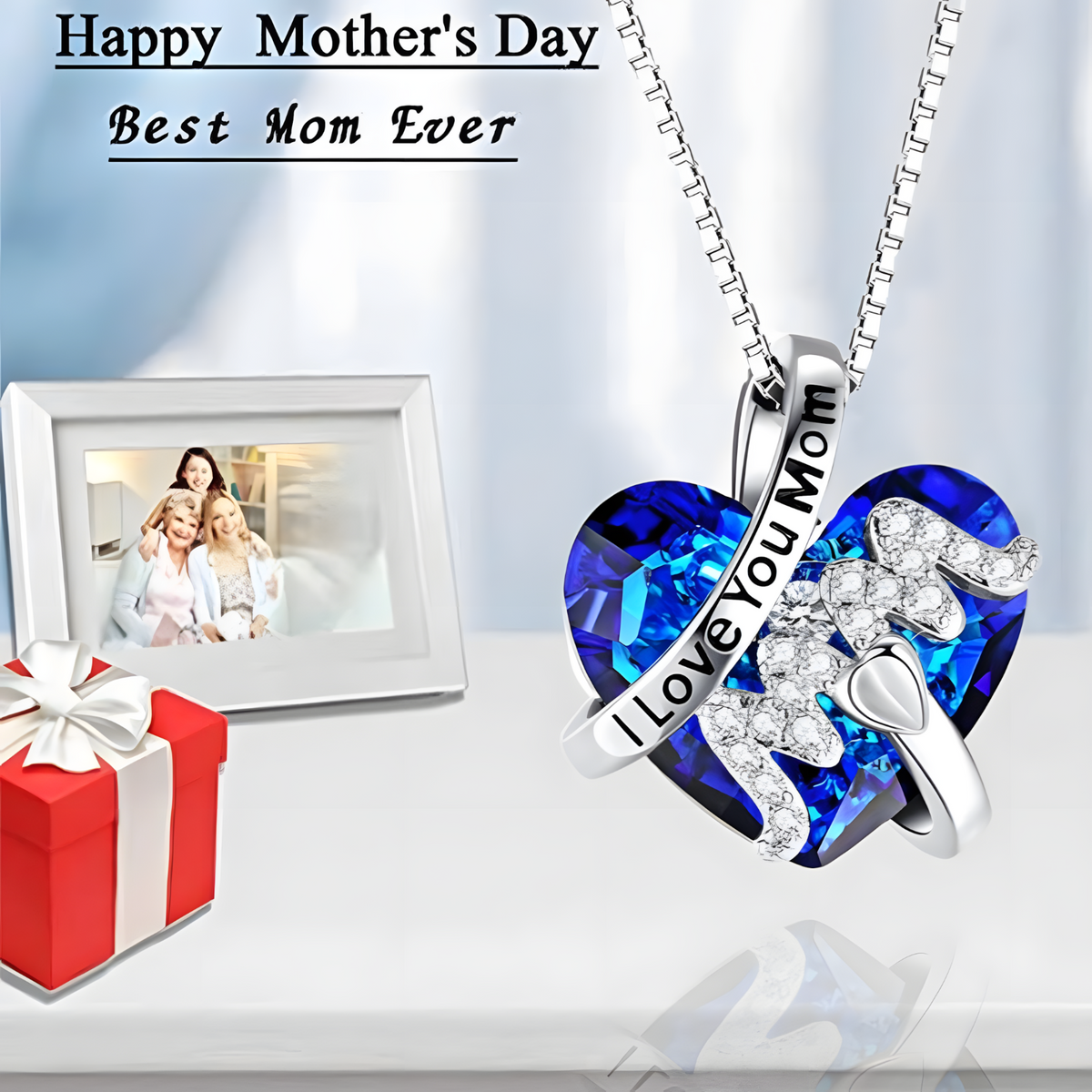 Luxury Mom Pendant Necklace Blue Heart Jewelry Christmas Mother's  Day B91