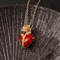 Heart-Rose Pendant Necklace - Faceted Heart Crystal Pendant Rose Accent 1318