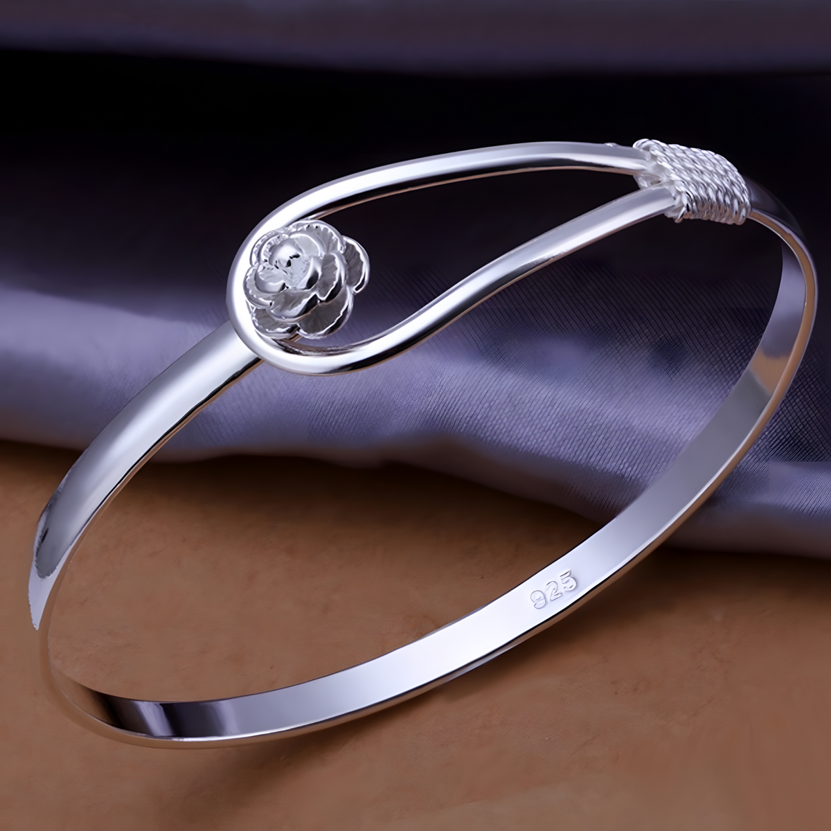 925 Silver-Plated Flower Bangle Women Elegant Plant Design Bracelet, Copper 904