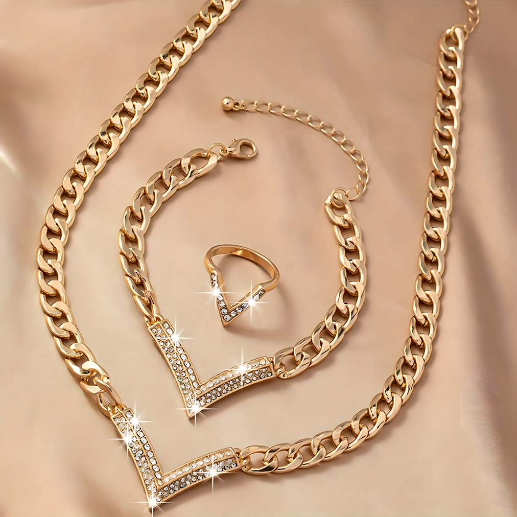 3 PCS Gold V-Shape Rhinestone Jewelry Set Women Sparkling Necklace, Bracelet 710
