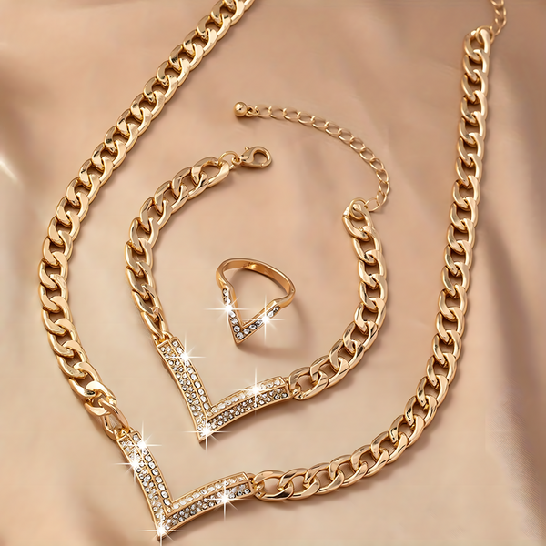 3 PCS Gold V-Shape Rhinestone Jewelry Set Women Sparkling Necklace, Bracelet 710