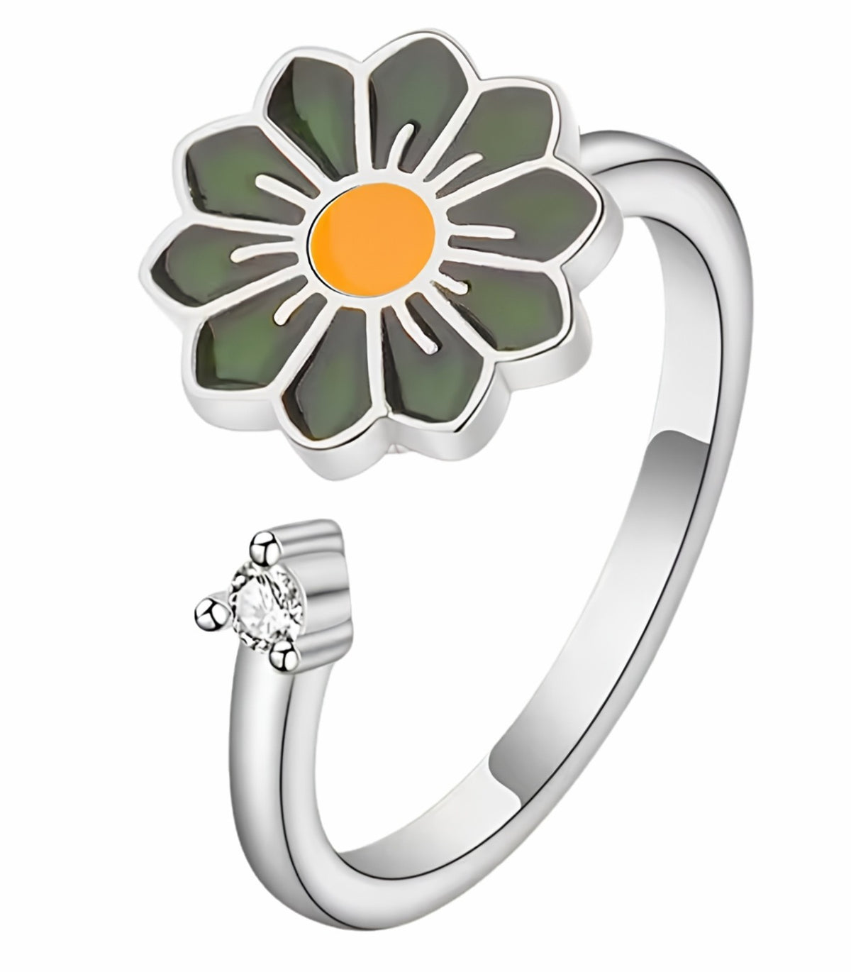 Daisy Flower Adjustable Open Ring Silver Tone Statement Ring Clear Accent 1596