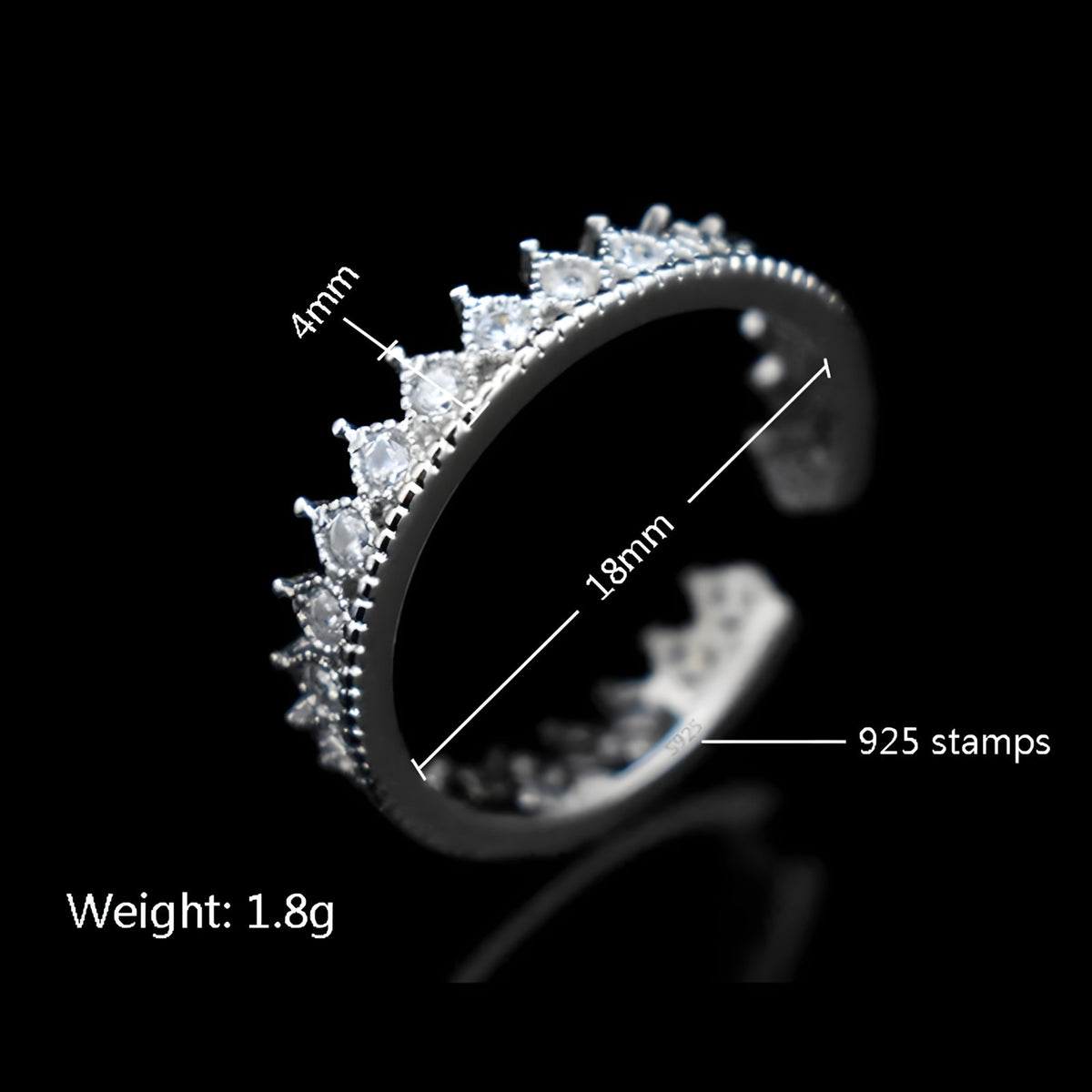 925 Sterling Silver Tiara Ring, Adjustable Crown Ring Sparkling CZ Stones 372