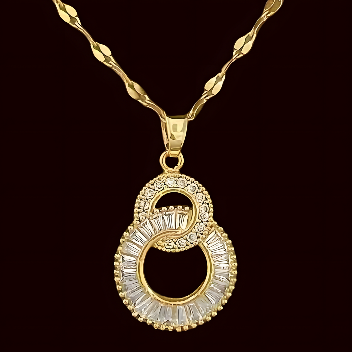 Gold-Tone Crystal Pendant Necklace Women – Round Double Circle Design, Stain 802