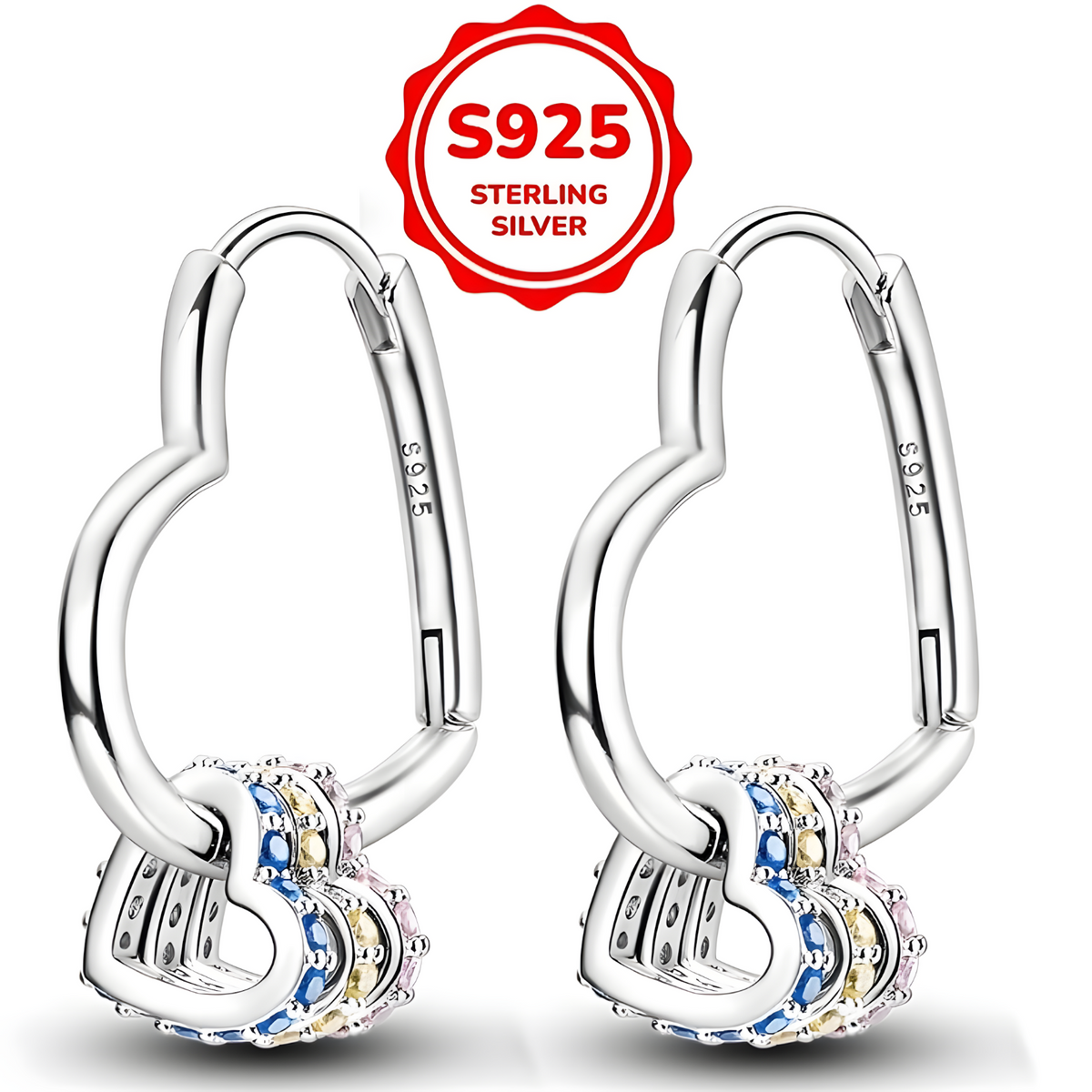 Sterling Silver Heart Earrings for Women – 925 Silver Plated Hoops with Blue 830