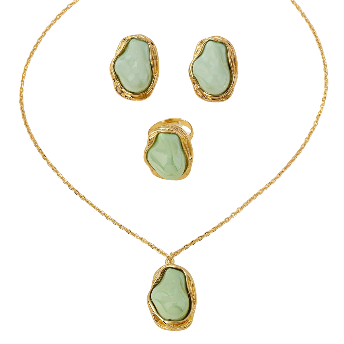 Irregular Green Stone Necklace, Earrings and Ring Set, Freeform Pendant 1724