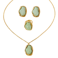 Irregular Green Stone Necklace, Earrings and Ring Set, Freeform Pendant 1724