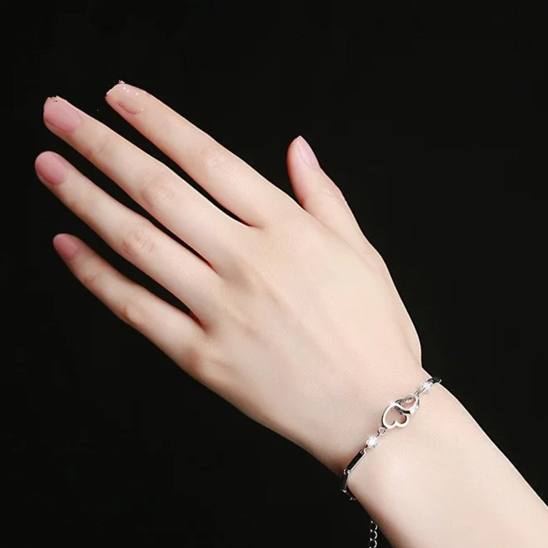 Silver Plated Double Heart Bracelet with Cubic Zirconia Stones for Women 419
