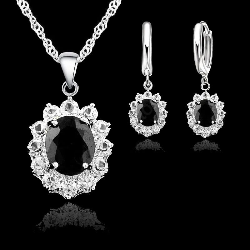 CZ Oval Pendant Necklace and Matching CZ Drop Earrings Set – Silver-Plated 1424
