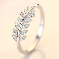925 Sterling Silver Leaf Ring, Adjustable Open Band CZ Stone Nature Inspired 377