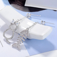 Exquisite Cat & Fishbone Mismatch Drop Earrings Women Sparkling CZ Accents 297