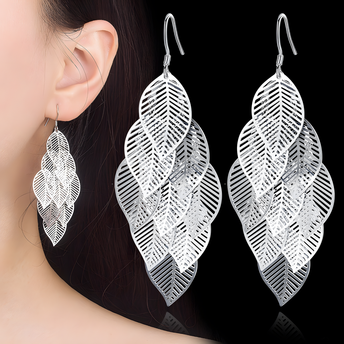 Unified Jewellery Silver Tone Multi Layer Leaf Drop Earrings Women – Trendy 1062