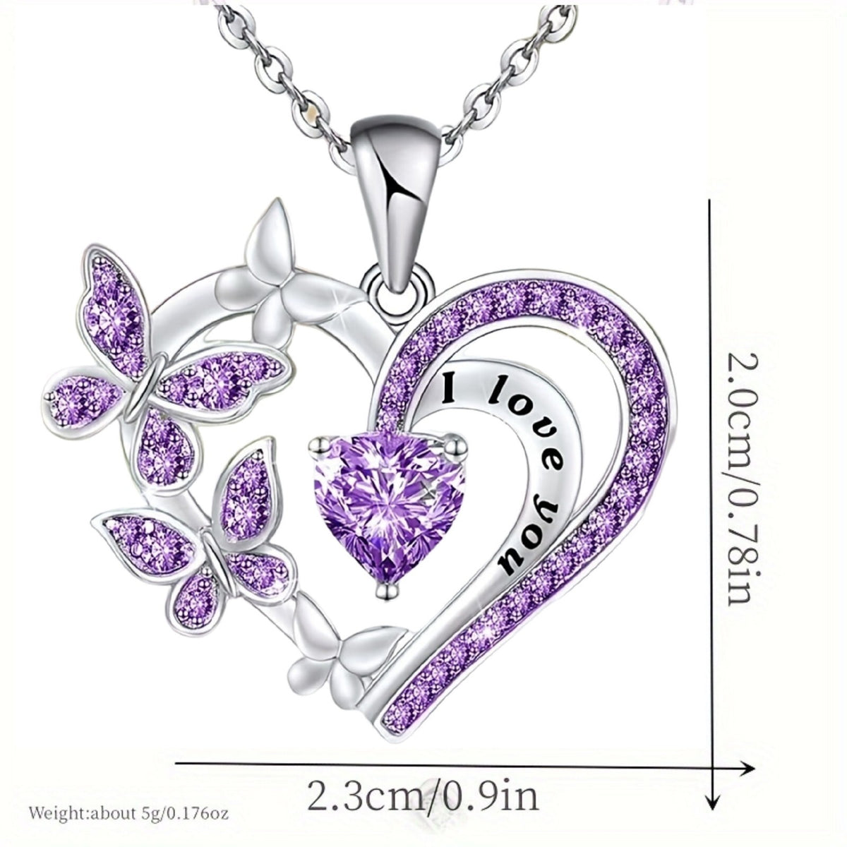 Purple Heart Butterfly "I Love You" Necklace | Silver Tone Pendant | Gift B9