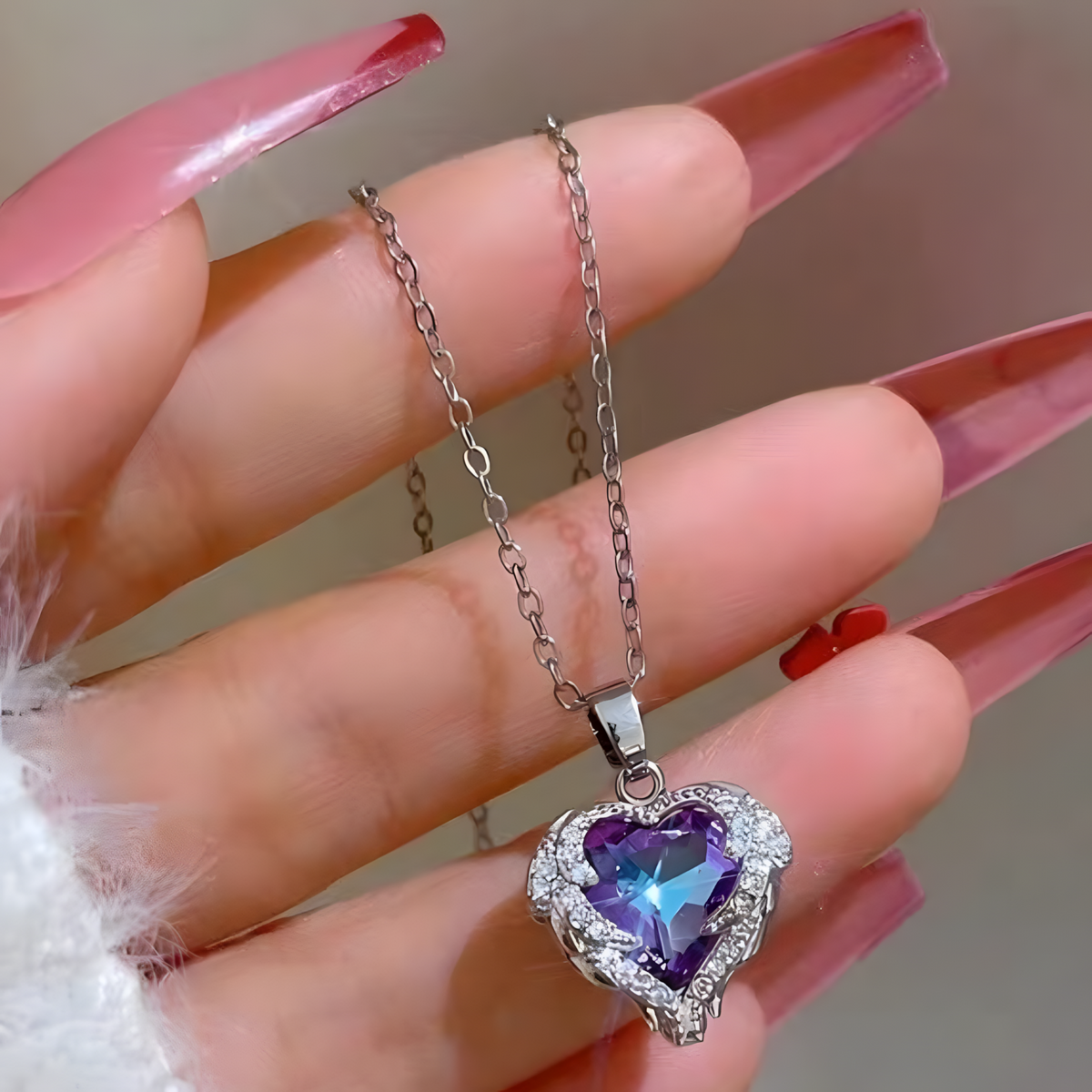 Heart Pendant Necklace for Women, Rose Gold Plated Cubic Zirconia Stainless B163