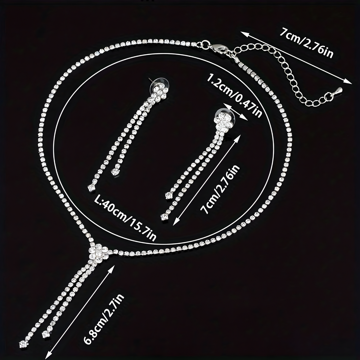 Elegant Silver Rhinestone Tassel Necklace & Earrings Set for Women – Crystal 720