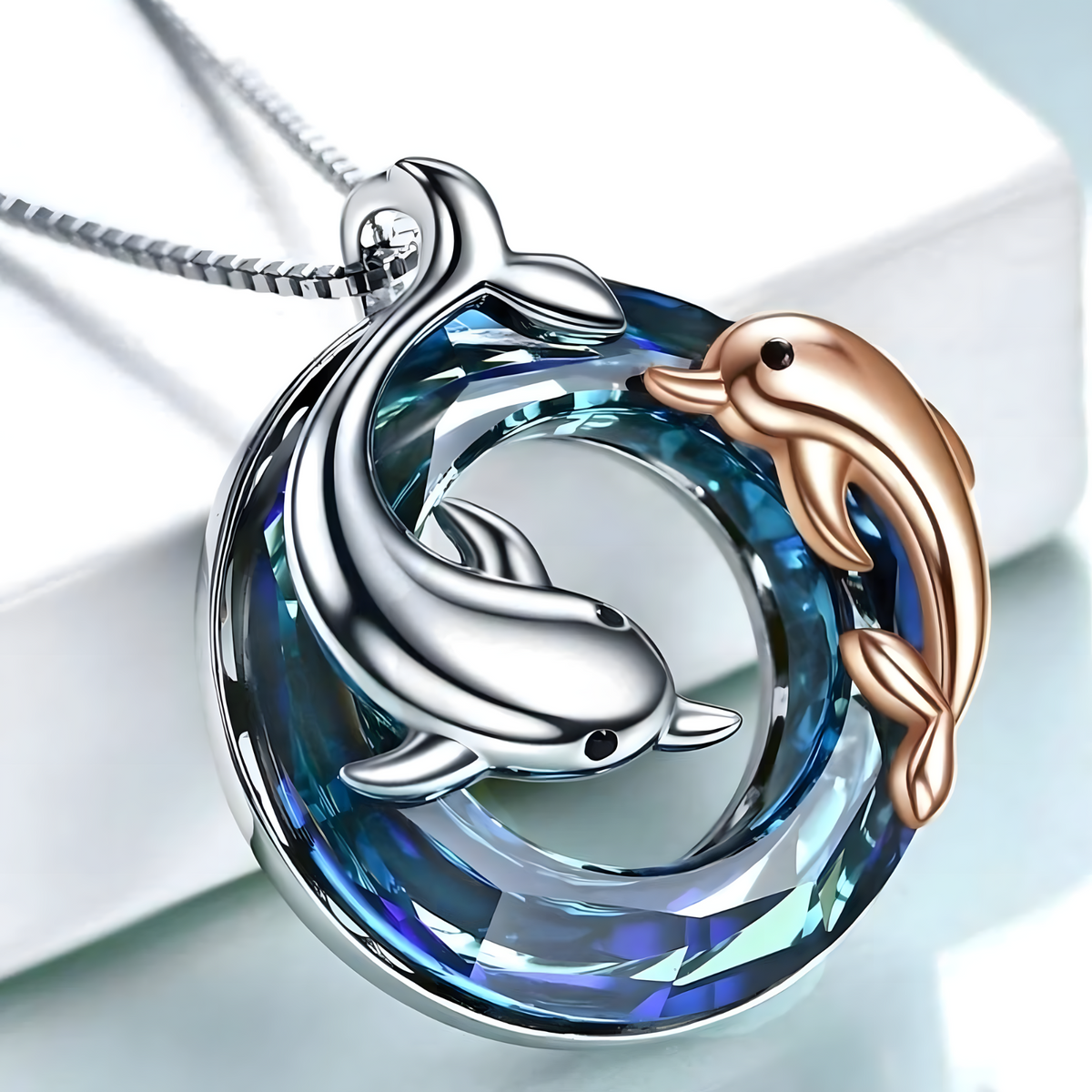 Dolphin Necklace Blue Crystal Pendant Two Tone Ocean Sea Jewellery Gift B60