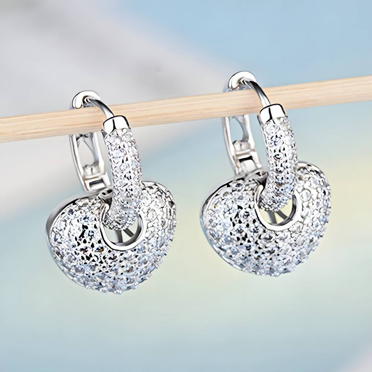 Sparkling Heart Drop Earrings Fine Rhinestone Embellishments - 925 Sterling 331