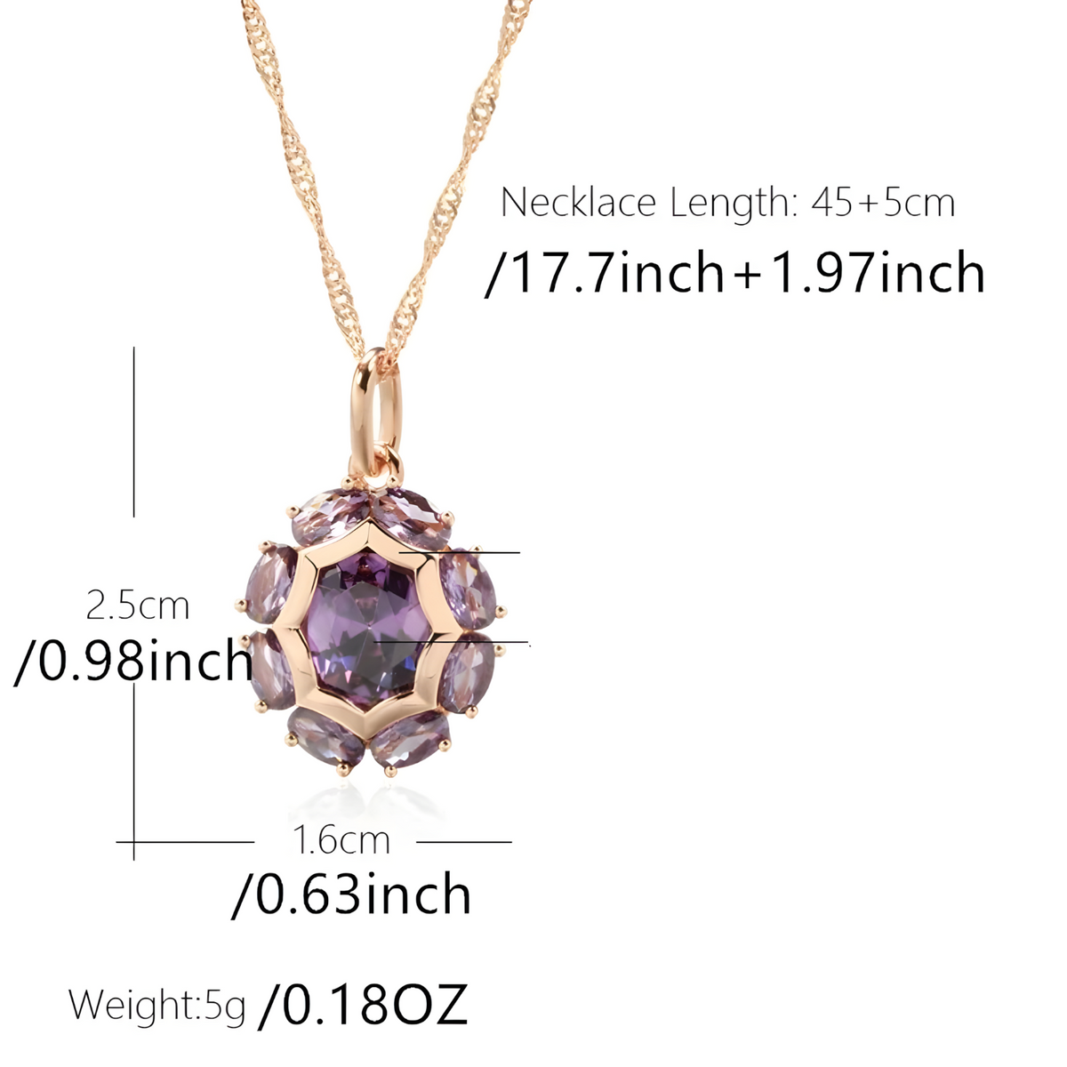 Women's Oval Purple Zircon Pendant Necklace 585 Rose Gold Color Chain Copper 589