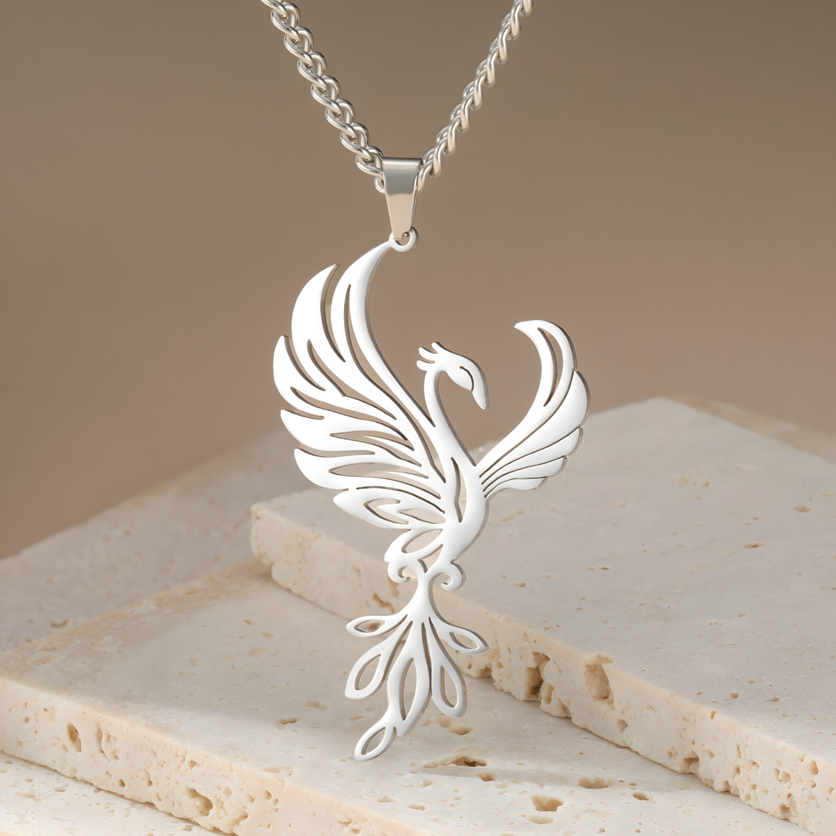 Silver Phoenix Pendant Necklace for Women, Copper Alloy with Silver Plating 1193