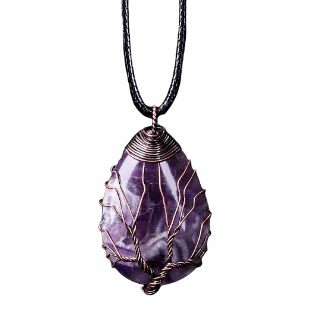 Amethyst Tree Of Life Pendant Necklace Oval Purple Crystal Energy Healing 1348